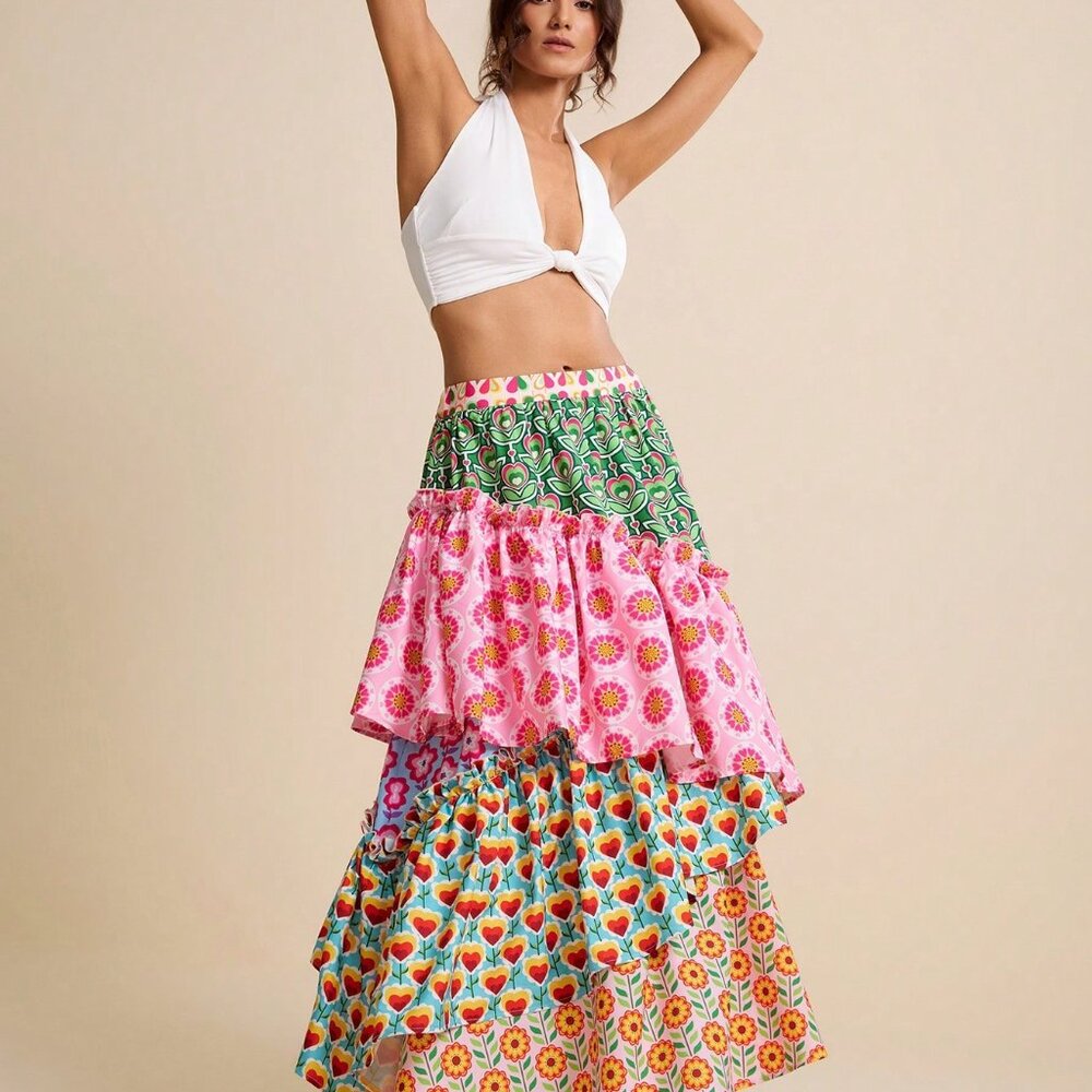 Multicolor Boho Women's Patchwork Asymmetric A-Line Floral Tiered Skirt